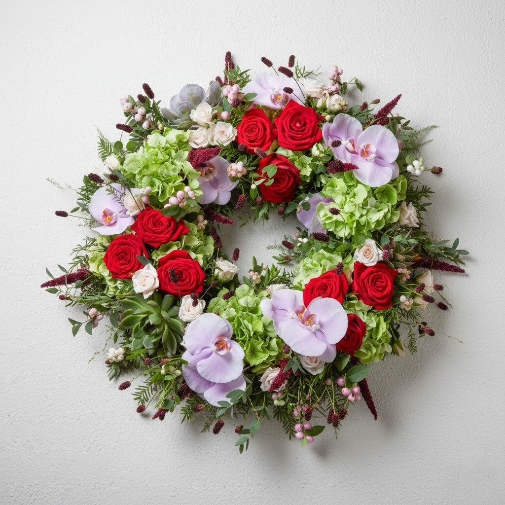 Floral wreath with red roses, green hydrangeas, and purple orchids on a light gray background