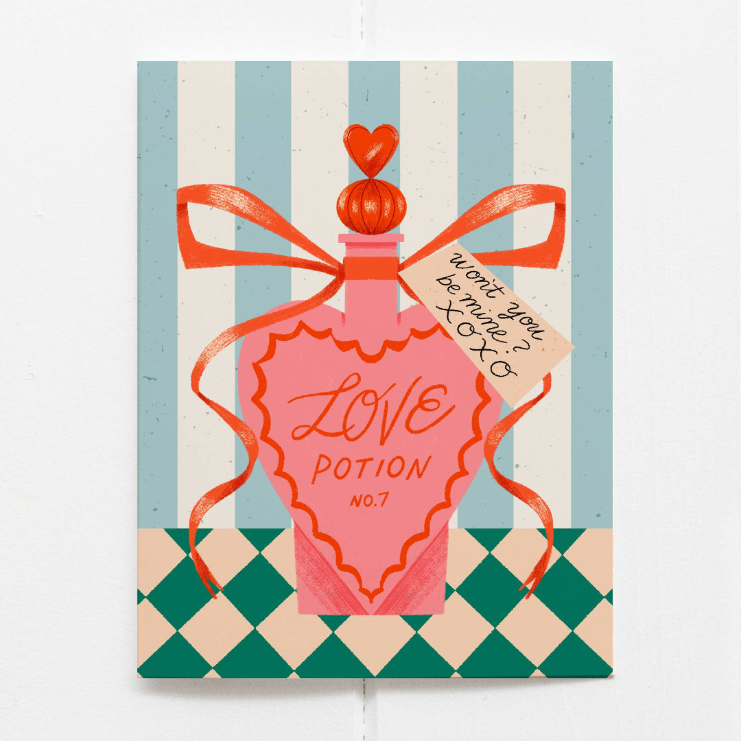 Illustration of a pink 'Love Potion No. 7' bottle with a red bow on a striped background