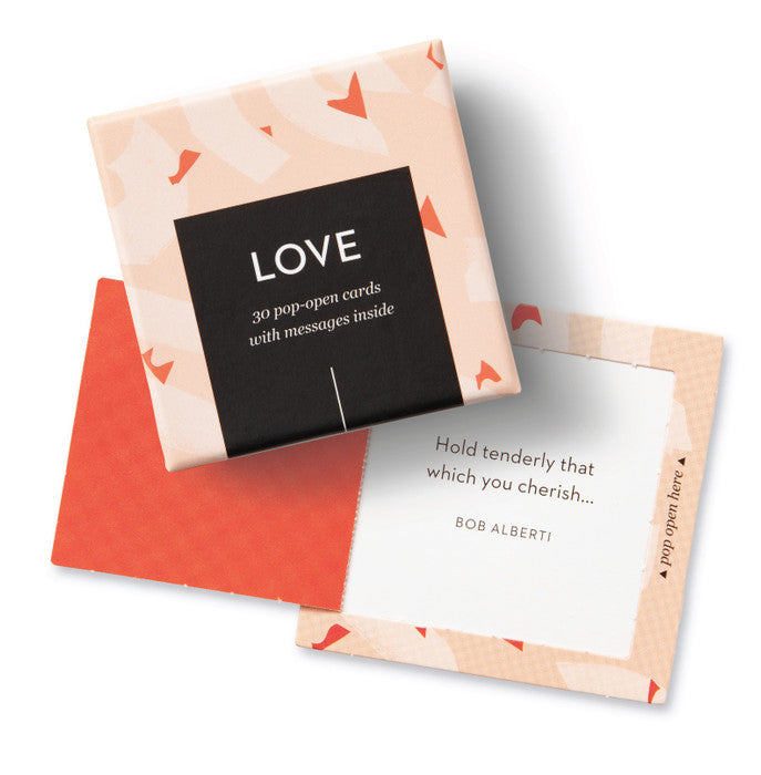 "Love" Pop-Open Cards | A peach and red box with black accents, open card says "Hold tenderly that which you cherish... Bob Alberti."