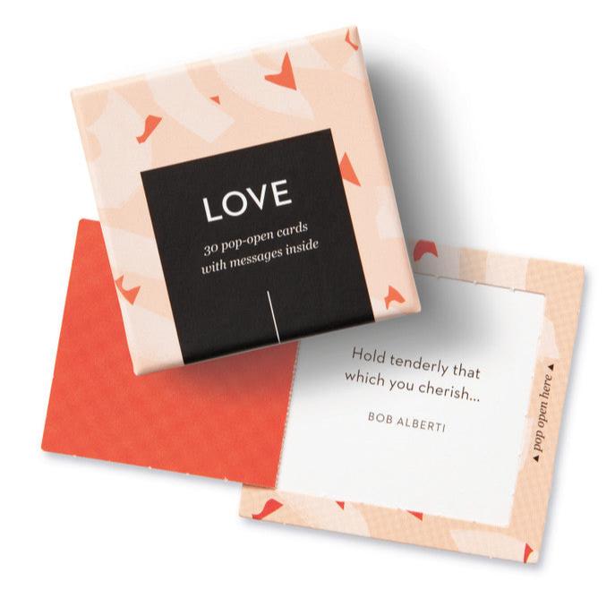 "Love" Pop-Open Cards | A peach and red box with black accents, open card says "Hold tenderly that which you cherish... Bob Alberti."