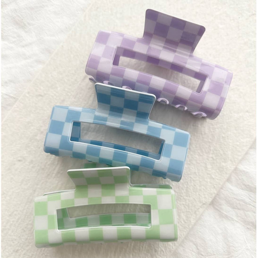 Lovelina | Checkered Claw Clip | purple, blue, and green.