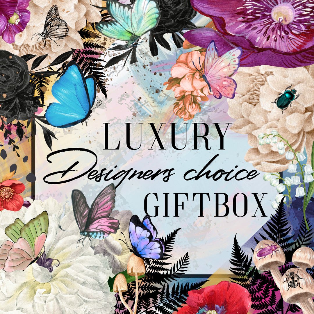 Giftbox with colorful flowers and butterflies on a decorative background