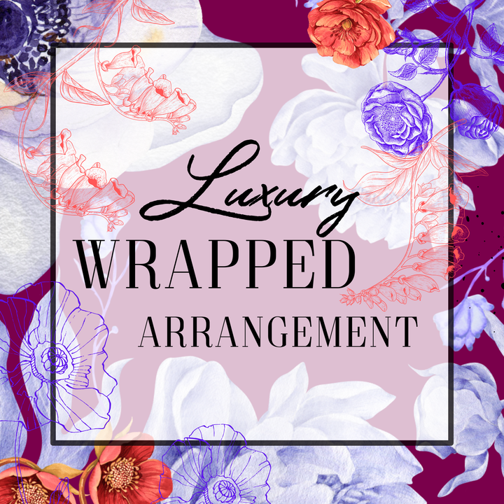 Floral design with 'Luxury Wrapped Arrangement' text on a colorful background