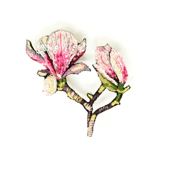 Magnolia Brooch | Trovelore | A handmade and embroidered brooch of pink magnolia flowers with beading.