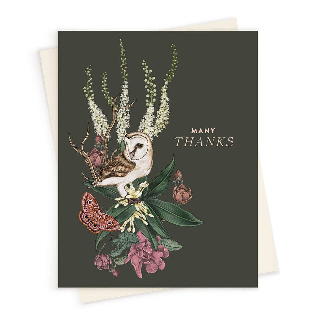 Greeting card with nature-themed illustration and 'Many Thanks' text on a dark background