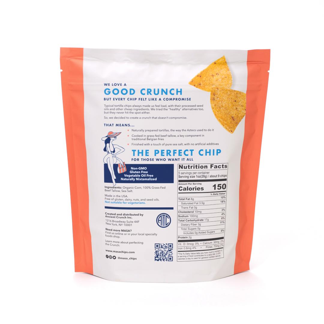 Masa | Traditional Torilla Chips | Reverse side of the bag with nutrition facts.
