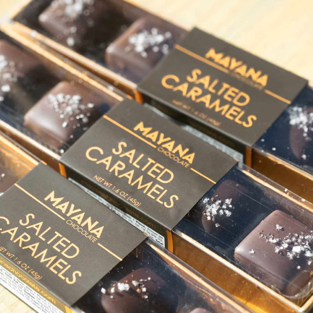 Mayana 5 Piece Salted Caramel Box | A 5 piece box with brown and gold packaging. Text reads "Mayana chocolate salted caramels. net wt 1.6 oz (45g).