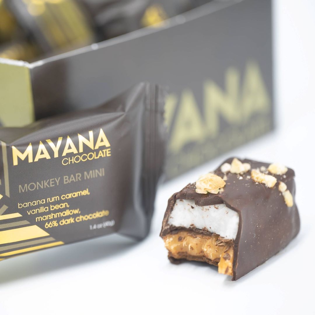 Mayana Mini Monkey Bar | A brown and gold package with a layered chocolate bar.