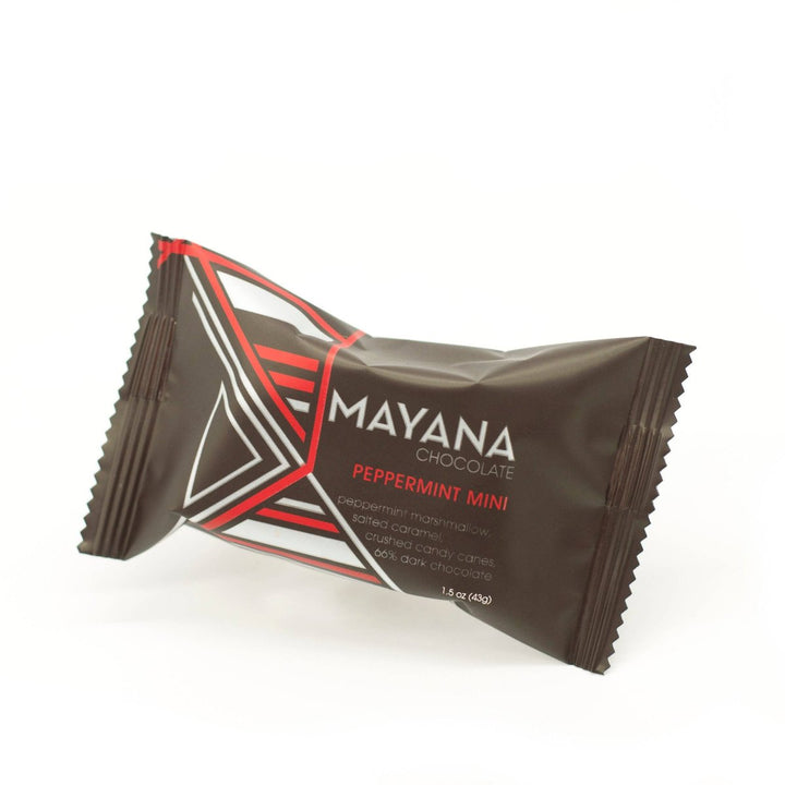 Mayana Chocolate - Peppermint Mini | Peppermint marshmallow, salted caramel, crushed candy canes, 66% dark chocolate. A brown wrapper with red and white accents.