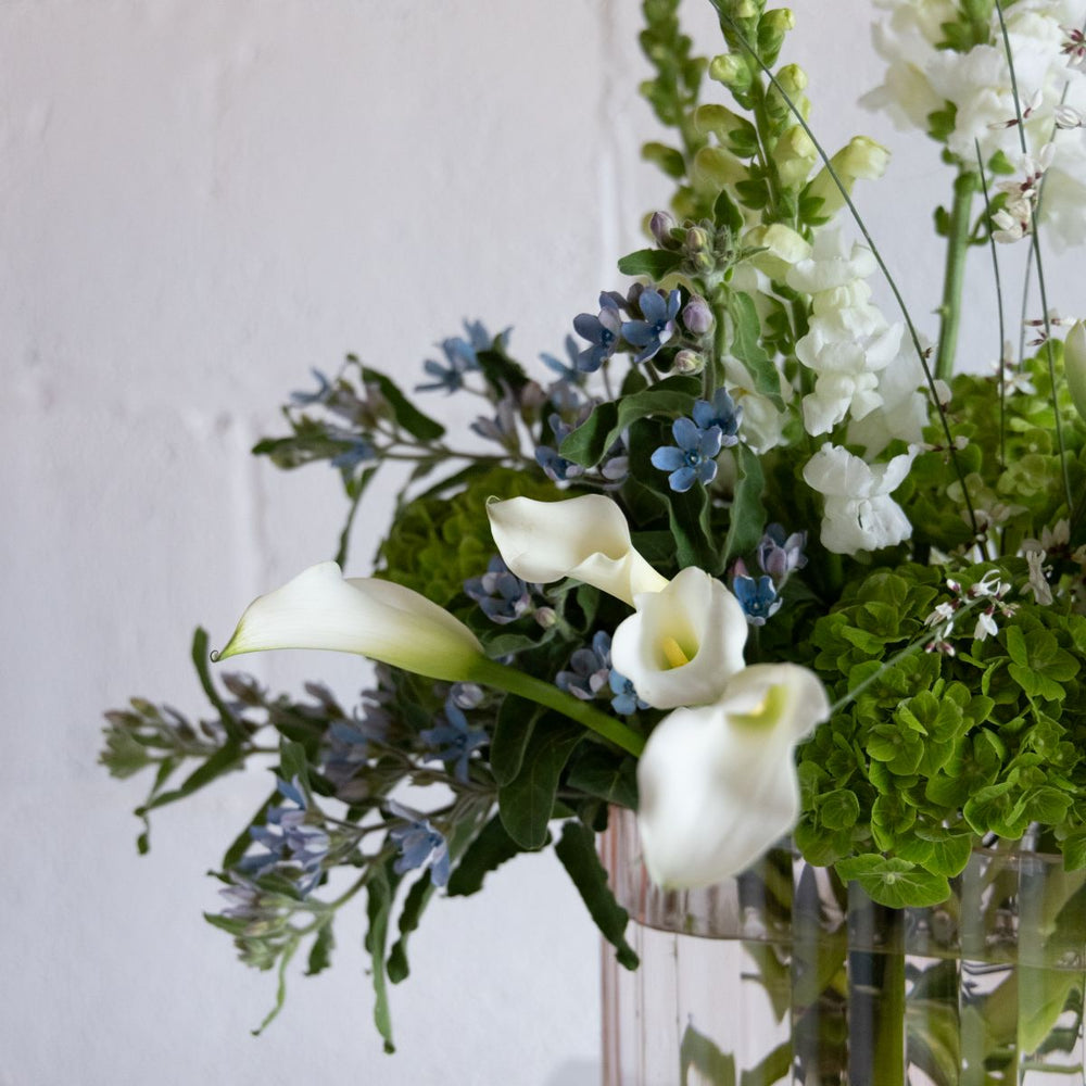 close up on the blue and white florals
