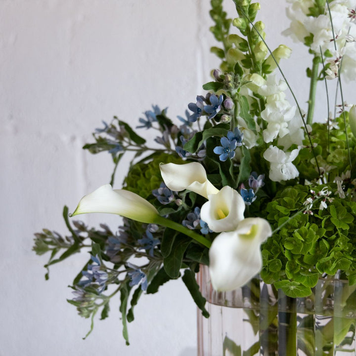 close up on the blue and white florals