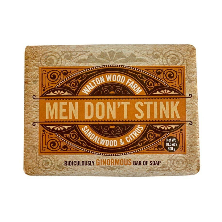 Bar of soap packaging with 'Men Don't Stink' text on a white background