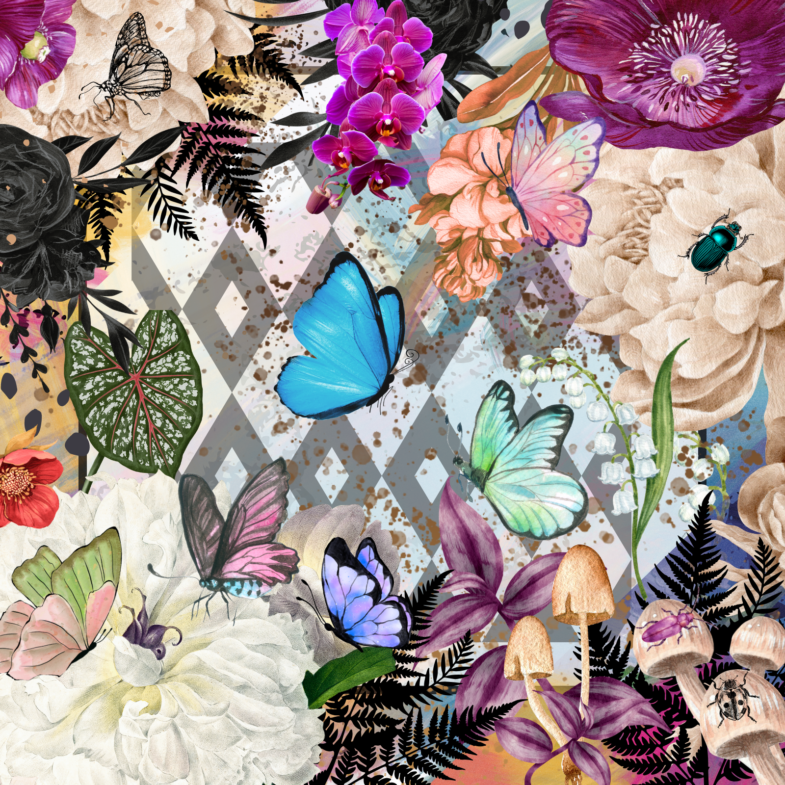 Colorful pattern of butterflies, flowers, and mushrooms on a textured background