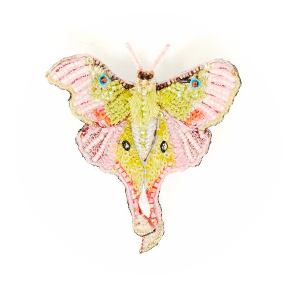 Trovelore | Moon Moth Brooch | A green and pink moth beaded, embroidered, and sequined.