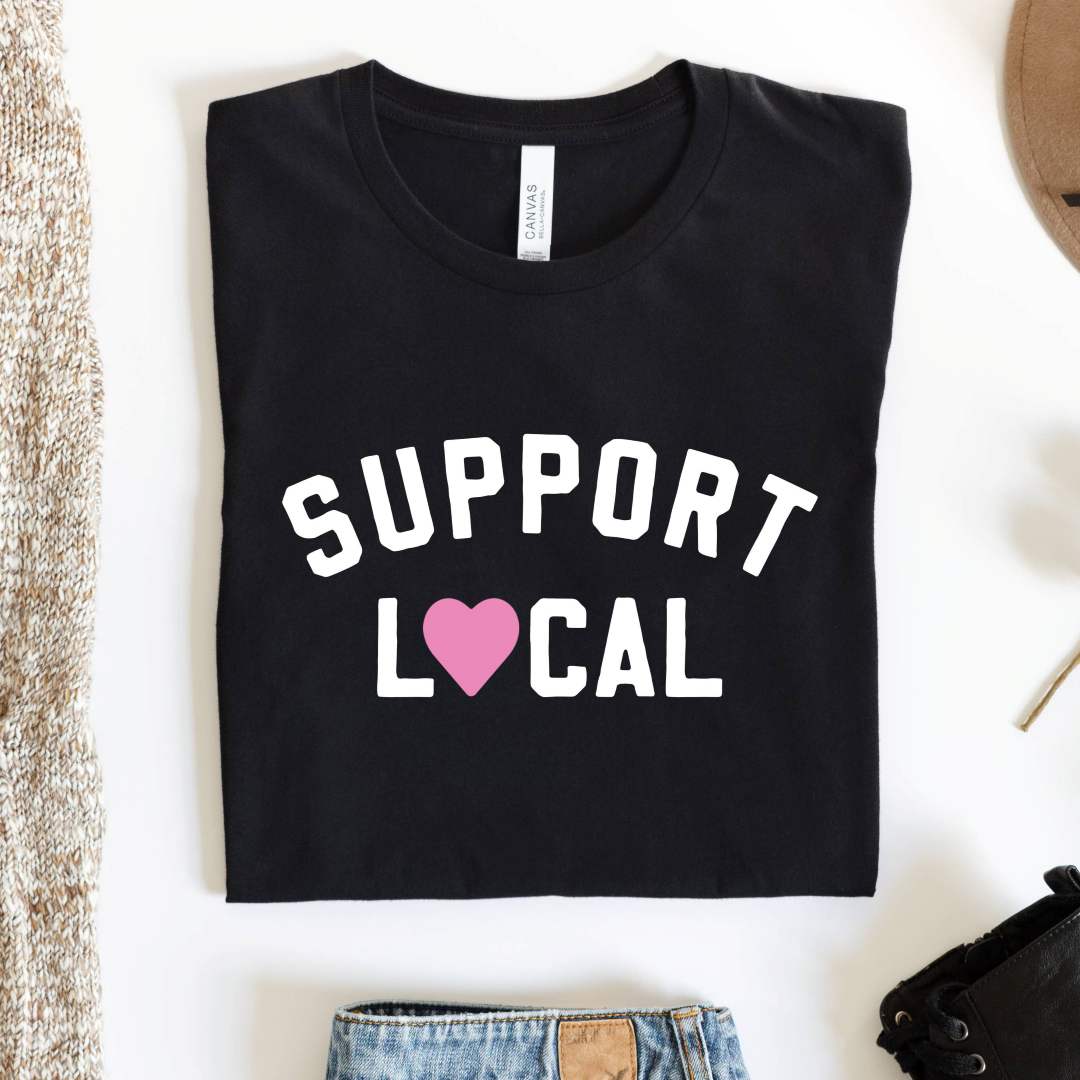 Mugsby | Support Local Tee | A black tee with white text.