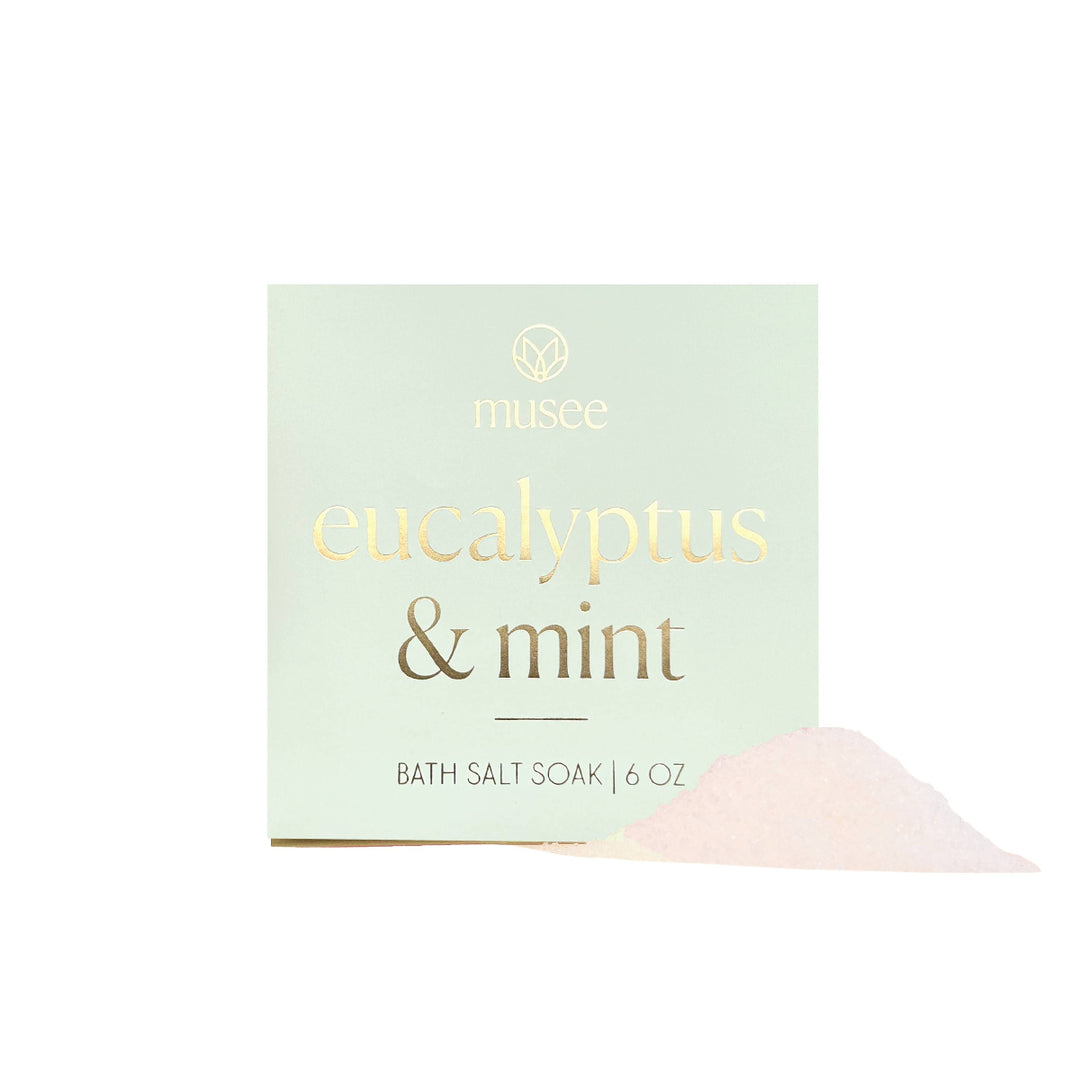 Musee eucalyptus &amp; mint bath salt soak packaging on a white background