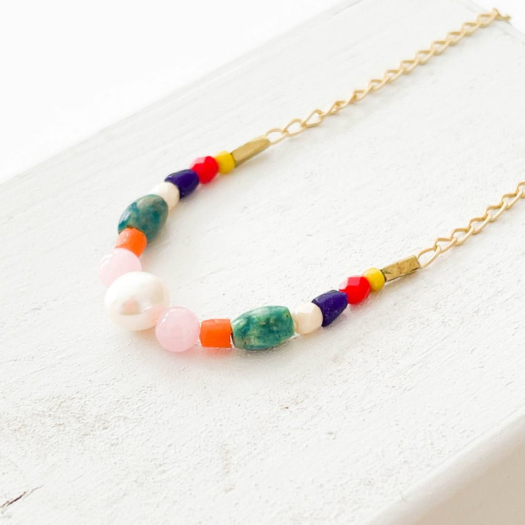 Nest Pretty Things | Dainty Red Bead and Turquoise Pearl Necklace | A gold chain with colorful beads.