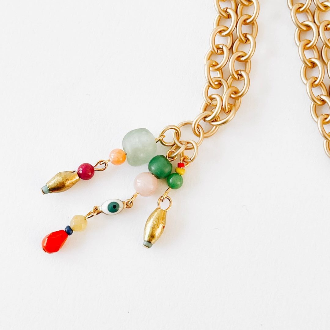 Thick Gold Chain Charm Necklace With Beads: 16" | Nest Pretty Things | Close up on the beaded pendant and gold chain.