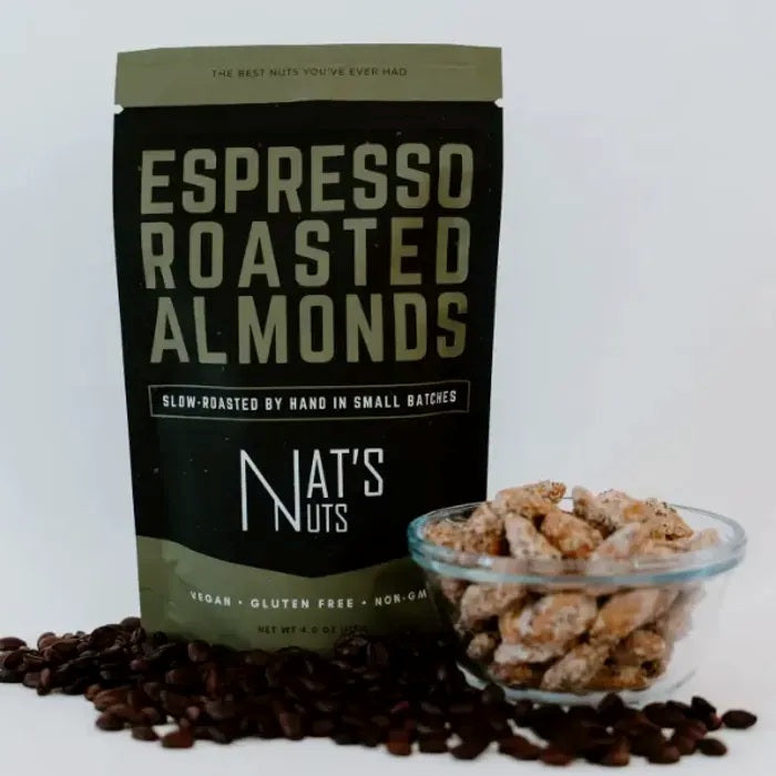 Nats Nuts | Espresso Roasted Almonds, slow roasted by hand in small batches. Vegan, gluten free, non gmo.