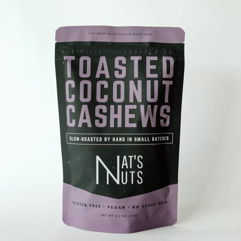 Nats Nuts | Toasted Coconut Cashews. Slow roasted by hand in small batches. Gluten free, vegan, no added oils.