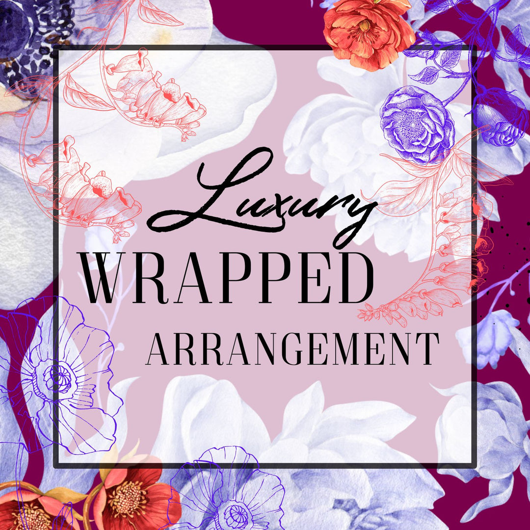 Floral design with 'Luxury Wrapped Arrangement' text on a colorful background