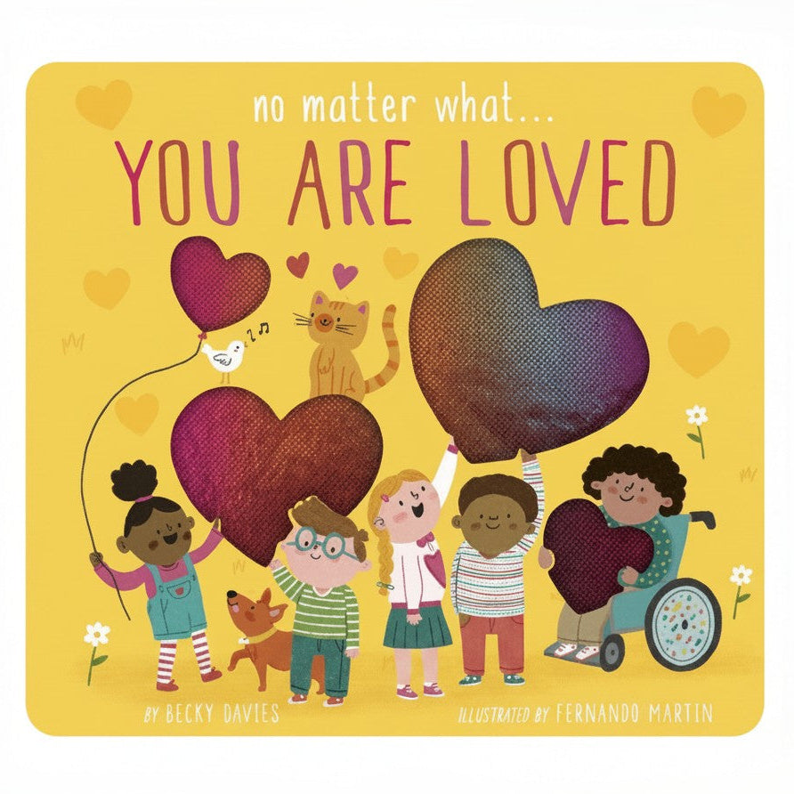 Children's book cover with illustrations of children holding hearts and text 'No matter what.