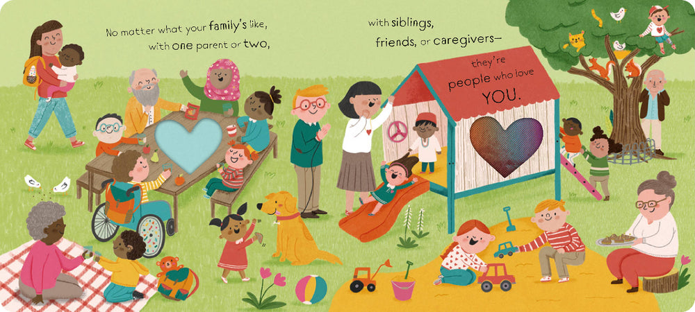 Children's book illustration with diverse children playing in a park, surrounded by trees and a heart-shaped house.
