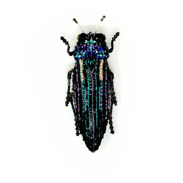 Trovelore | Noir Beetle Brooch | A dark and colorful beetle with beads and embroidery.