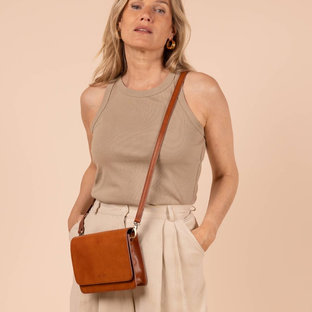 O My Bag | Audrey Mini | Cognac Classic brown leather crossbody bag.