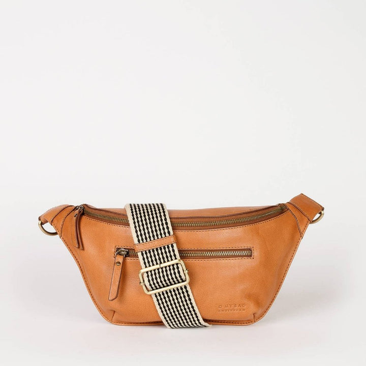 O My Bag | Bum Bag | Wild Oak Soft Grain, brown leather. White and black striped strap.