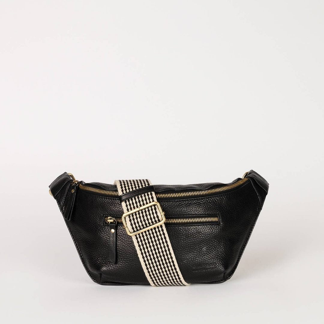 O My Bag | Drew Crossbody Bag, black leather with a black and white crossbody strap.