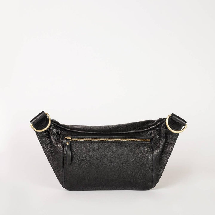 O My Bag | Drew Crossbody Bag, black leather with a small zipper pocket on the back.