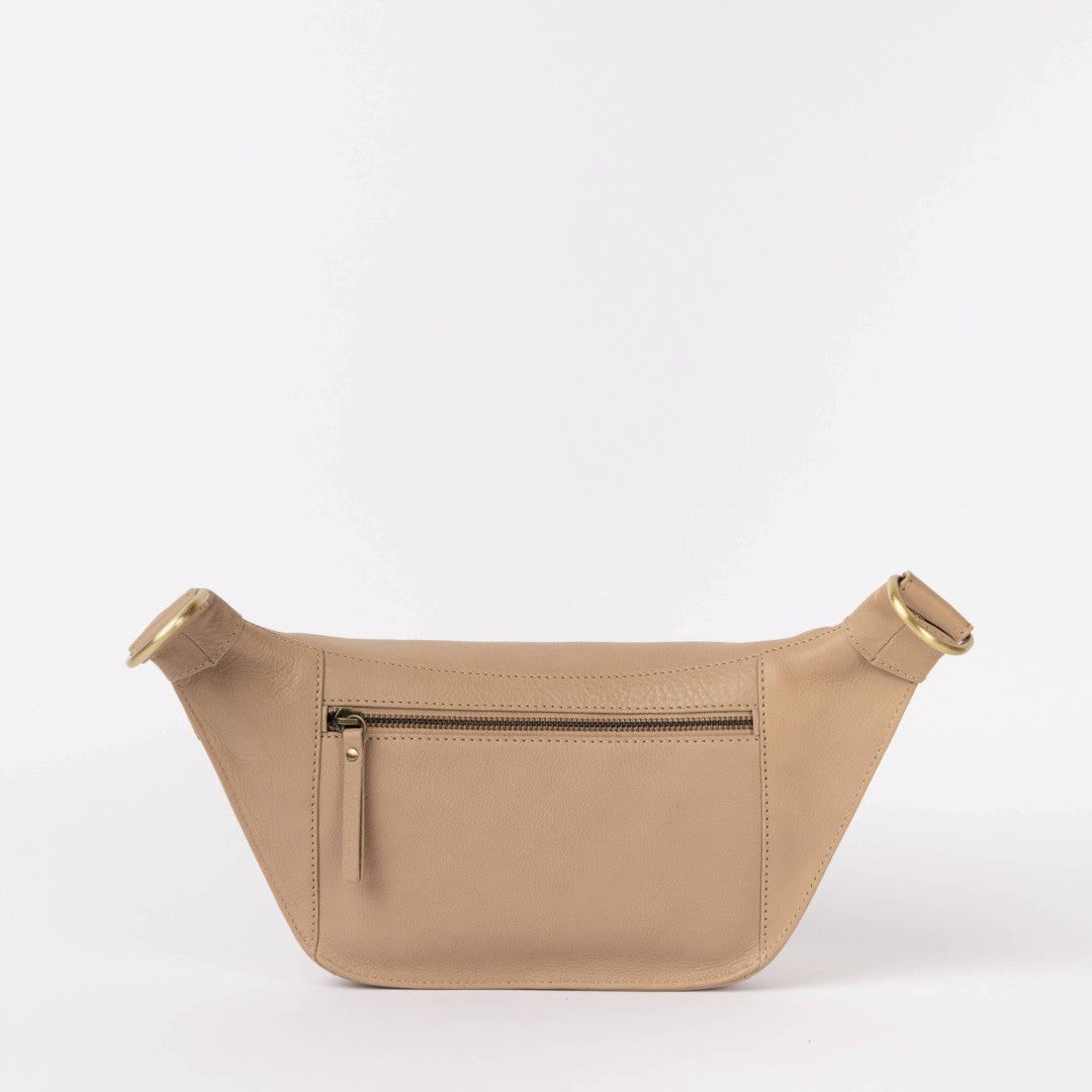 O My Bag | Drew bum Bag | Beige waist bag with gold zippers on a white background