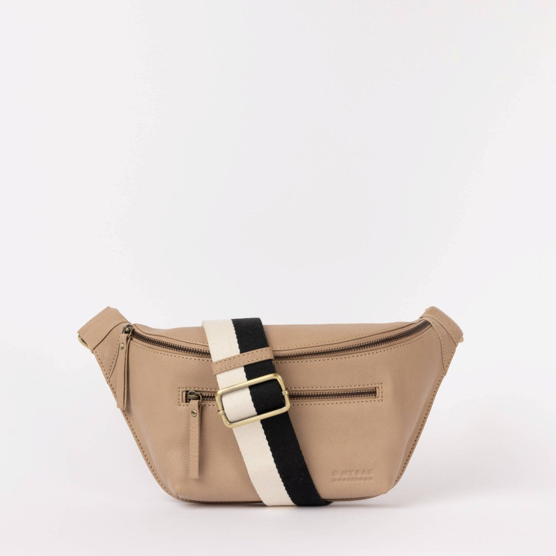 O My Bag | Drew Bum Bag | Beige waist bag with a black and white strap on a white background