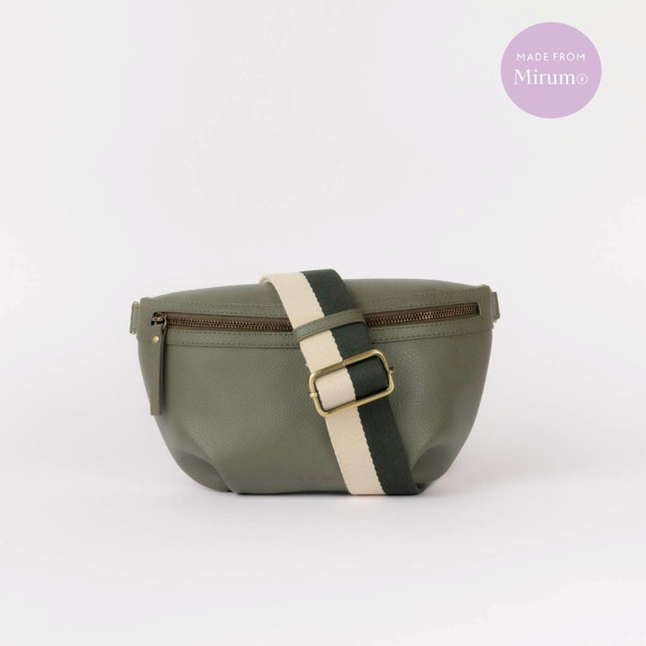 O My Bag | Milo Crossbody | Green waist bag with a strap on a white background, featuring the brand 'Mirumo'.