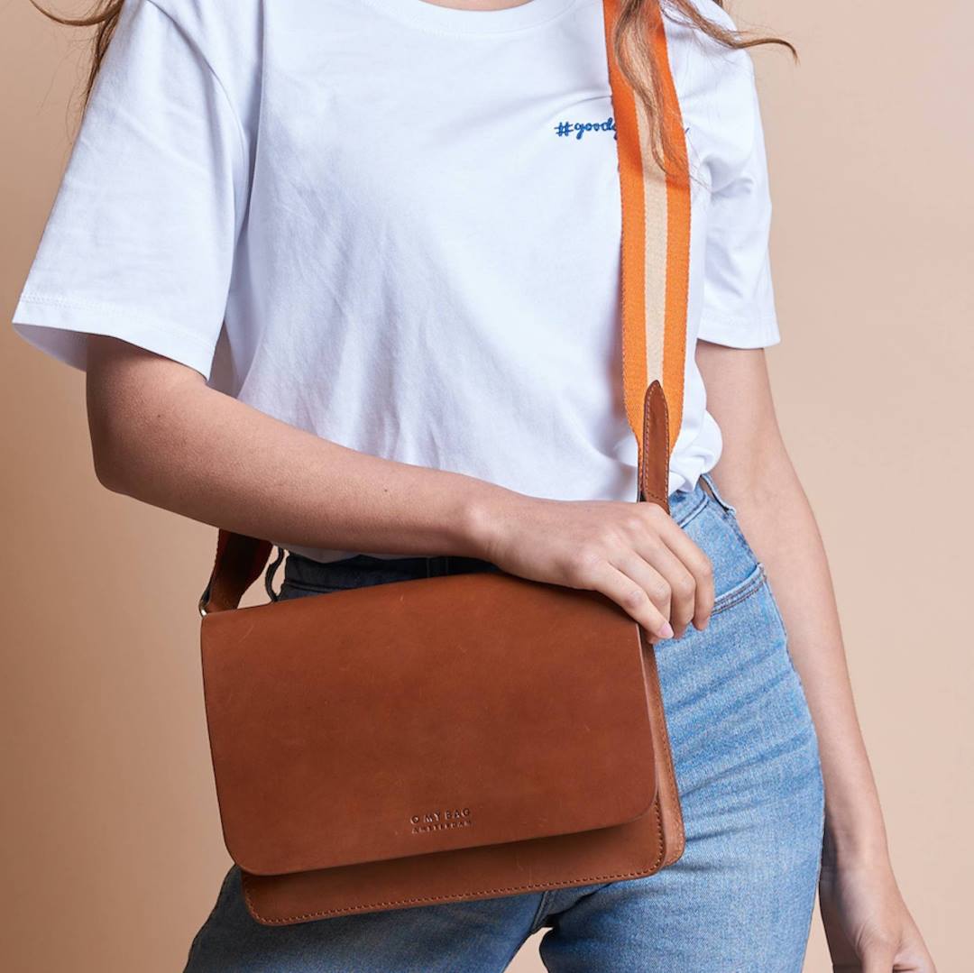 O My Bag | Orange webbing Strap on a brown Cognac leather bag. Replacement strap.