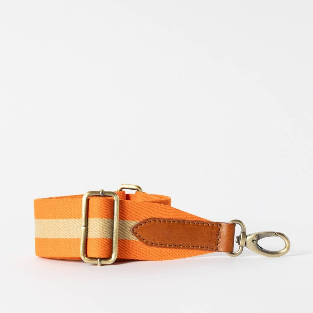 O My Bag | Orange Webbing strap | Cognac Leather. Orange with a yellow stripe down the center.