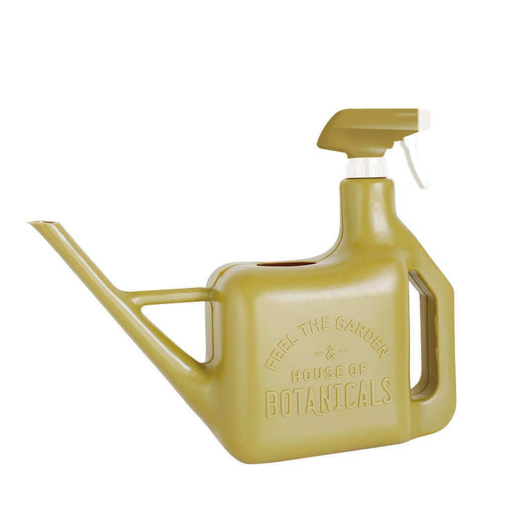 An Olive green watering can that serves as a spray bottle as well