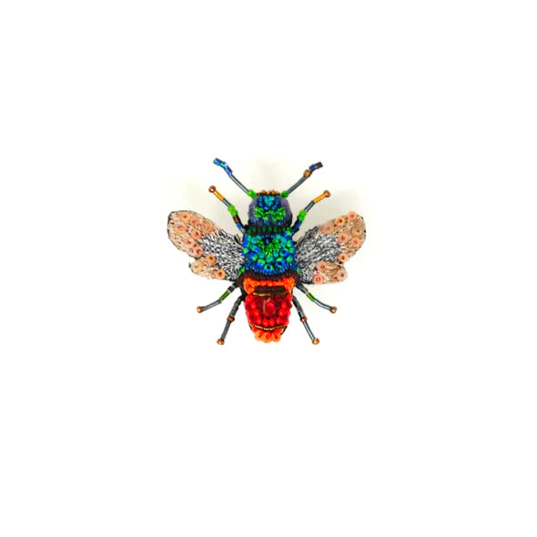 Orchard Bee Brooch | A hand embroidered, blue, green, red, orange Orchard Bee Brooch.