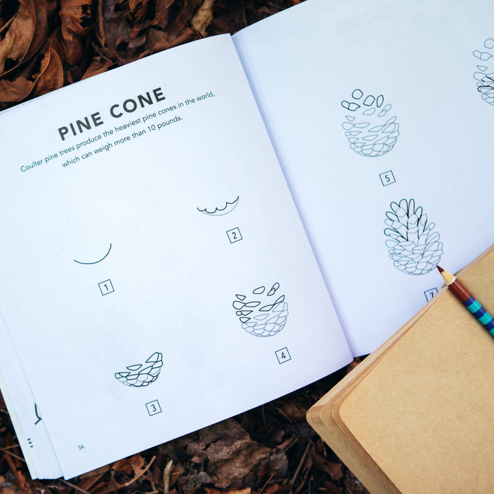 Open book with nature-themed illustrations on a leafy background