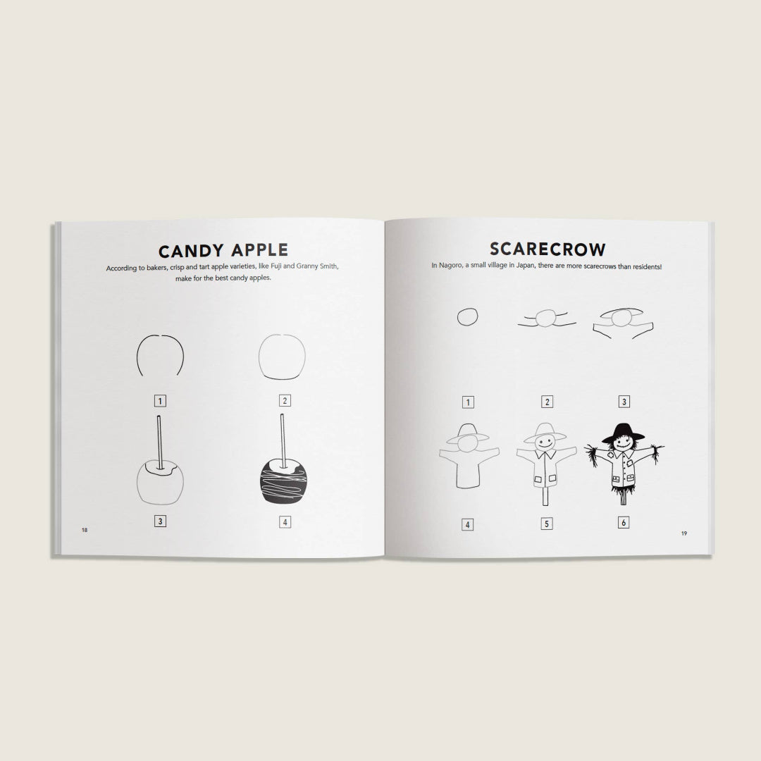 Open book showing step-by-step illustrations for making a candy apple and scarecrow.