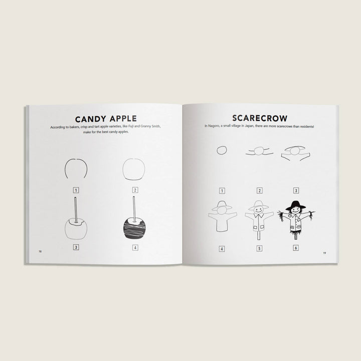 Open book showing step-by-step illustrations for making a candy apple and scarecrow.