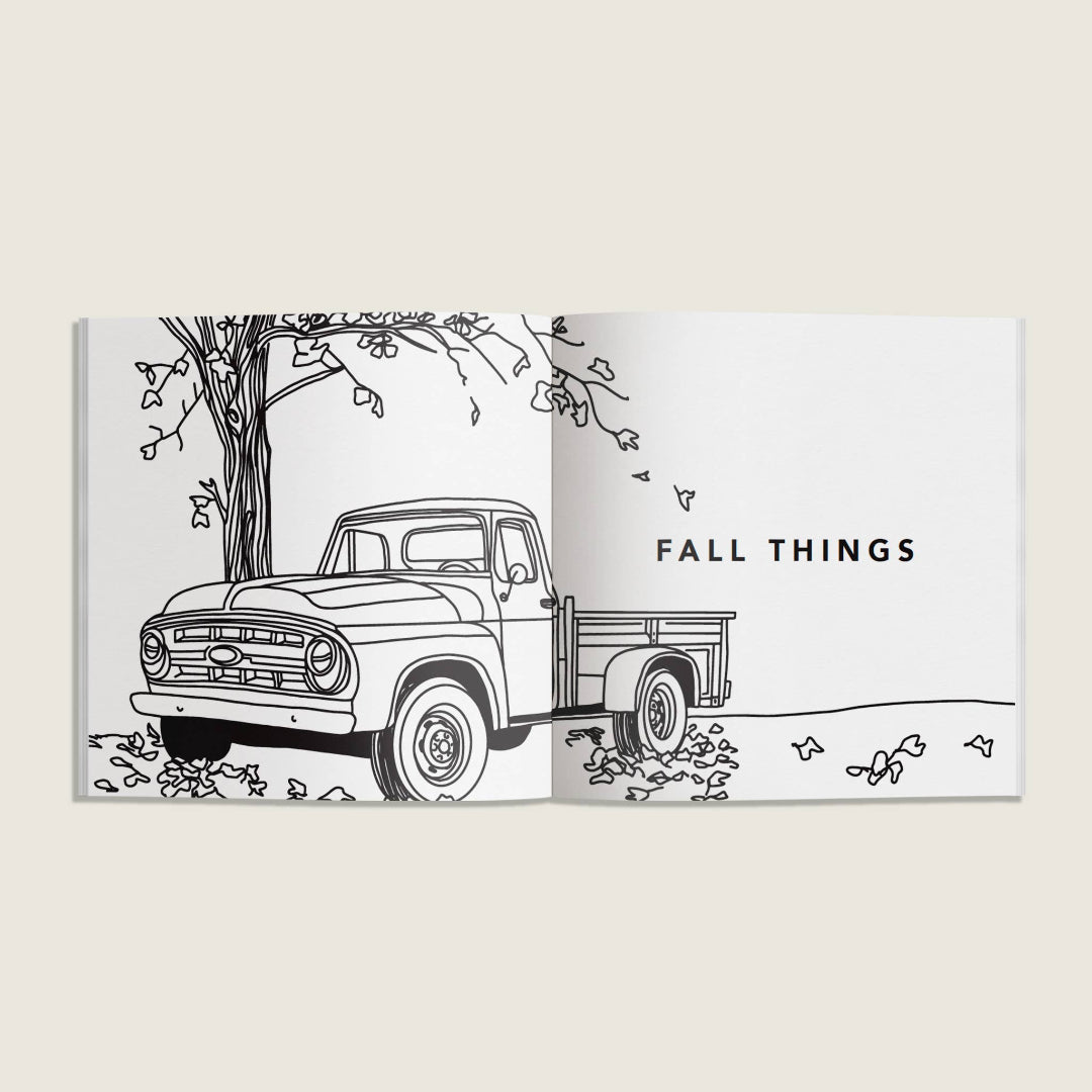 Book with black and white illustration of a truck and tree, titled 'Fall Things', on a light beige background.