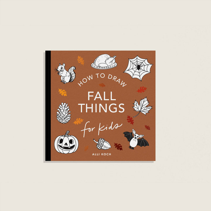 Book cover of 'How to Draw Fall Things for Kids' with illustrations on a brown background