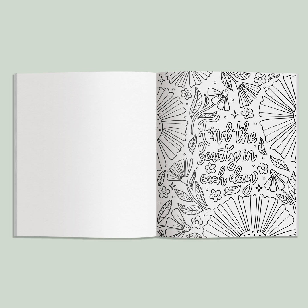 Coloring book page with floral patterns and motivational quote on a light green background