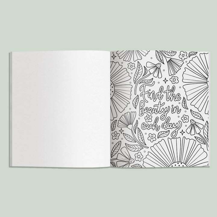 Coloring book page with floral patterns and motivational quote on a light green background