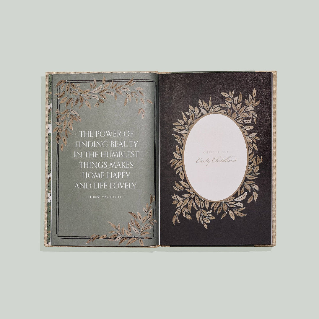 Open book with decorative pages and a quote on a light gray background