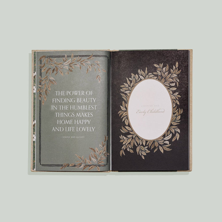 Open book with decorative pages and a quote on a light gray background