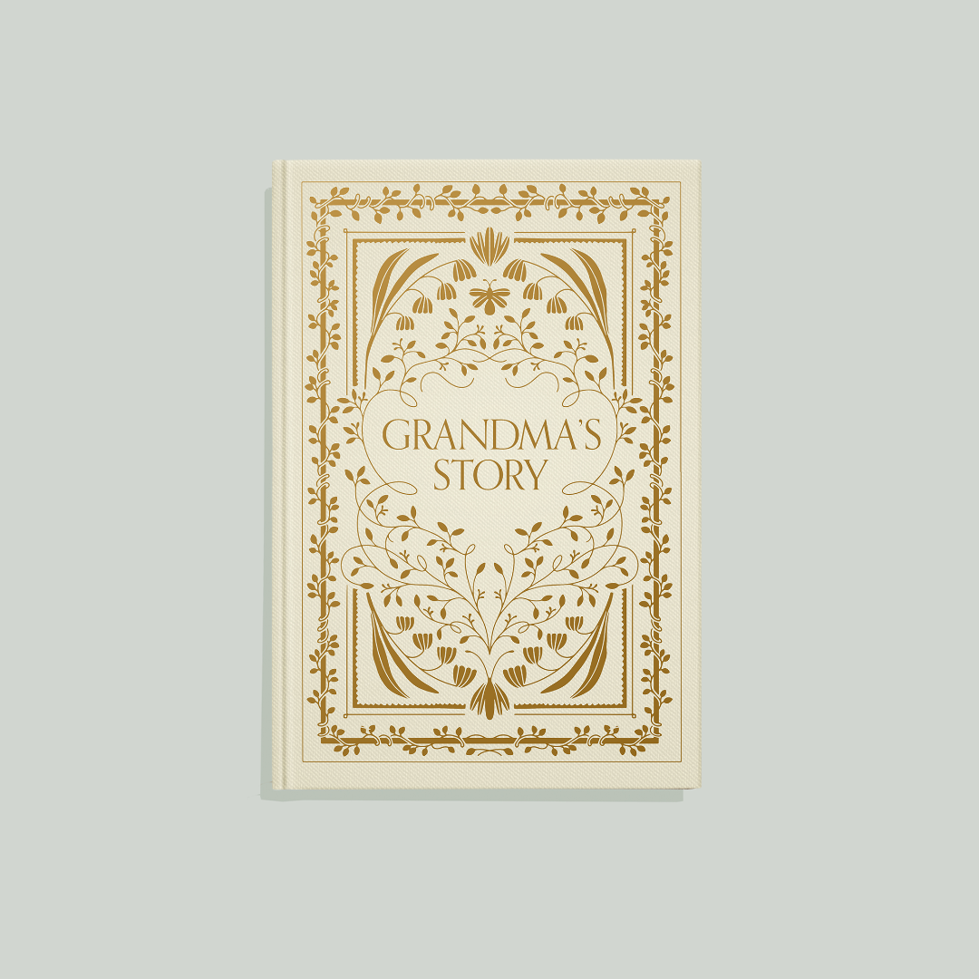 Book titled 'Grandma's Story' with decorative cover on a light gray background