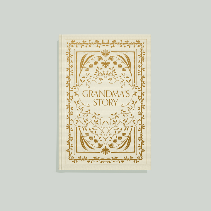 Book titled 'Grandma's Story' with decorative cover on a light gray background